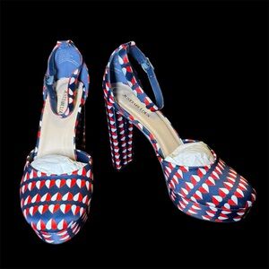 Justfab Blue and Red Heart Patterned Heels